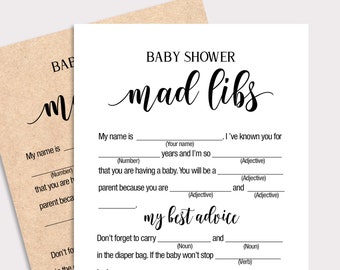 Pode incluir: Jogo Mad Libs para chá de bebê em papel branco com texto preto. O jogo inclui sugestões para preencher espaços em branco para uma atividade divertida. Um cartão de papel kraft com as palavras "Baby" e "Mad Libs" também é visível.