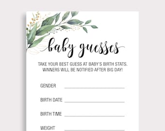 Baby Guesses Card, Printable Baby Guesses Game, Greenery Baby Shower Game, Prediction for Baby, Instant Download, Guessing Shower Game, C16