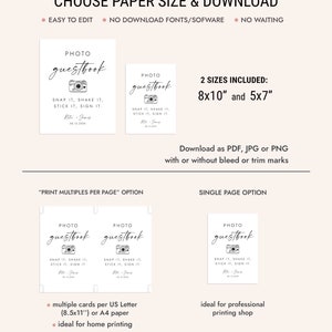 May include: Printable photo guestbook template with a camera icon and the text "Photo Guestbook" and "Snap it, Shake it, Stick it, Sign it". The template is available in two sizes: 8x10 inches and 5x7 inches. The template can be printed on US Letter or A4 paper.
