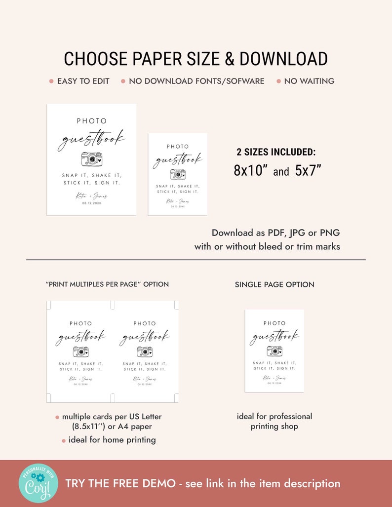 May include: Printable photo guestbook template with a camera icon and the text "Photo Guestbook" and "Snap it, Shake it, Stick it, Sign it". The template is available in two sizes: 8x10 inches and 5x7 inches. The template can be printed on US Letter or A4 paper.