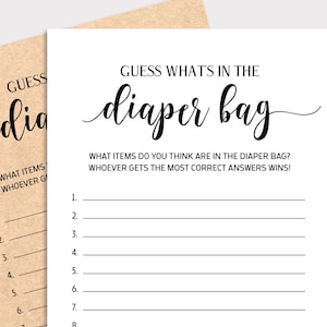 Adivina qué hay en el juego imprimible Baby Shower de la bolsa de pañales, qué hay en la bolsa de pañales, Kraft y el tema en blanco y negro, descarga instantánea, K16