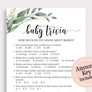 Baby Trivia Game, Baby Shower Trivia, Greenery Baby Shower Games Printable, Baby Shower Party Game Cards, Printable, Instant Download, C16