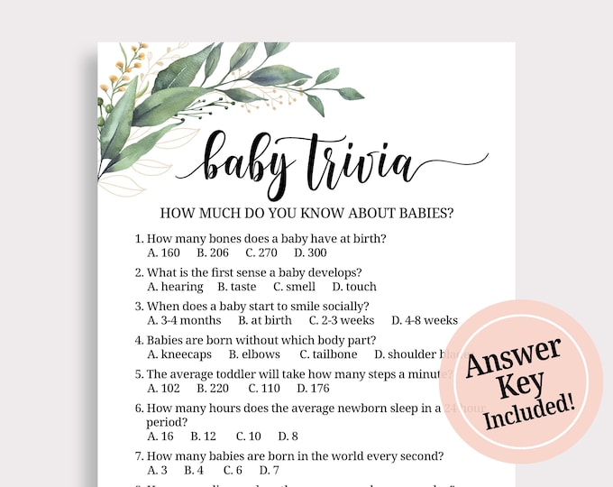 Baby Trivia Game, Baby Shower Trivia, Greenery Baby Shower Games