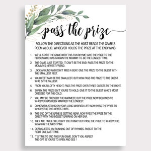 May include: A printable game card with a green and gold floral design. The card has the title "Pass the Prize" and instructions for a game where guests pass a prize around based on different prompts.