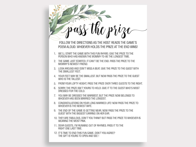 May include: A printable game card with a green and gold floral design. The card has the title "Pass the Prize" and instructions for a game where guests pass a prize around based on different prompts.