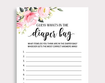 Guess What's in the Diaper Bag, Pink Floral Blush Baby Shower Game Printable, Whats in Diaper Bag, Instant Download, Guessing Games, P16