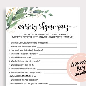 Quiz de comptine, Jeux de baby shower de comptines, Jeu de crèche, Jeu de douche de bébé de verdure imprimable, Devinez ce jeu de comptine, C16