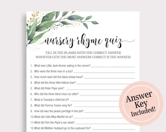 Nursery Rhyme Quiz, Nursery Rhymes Baby Shower Games, Nursery Game, Greenery Baby Shower Game Printable, Guess that Nursery Rhyme Game, C16