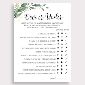 Over or Under Baby Shower Game Greenery Baby Shower Games Over or Under ...