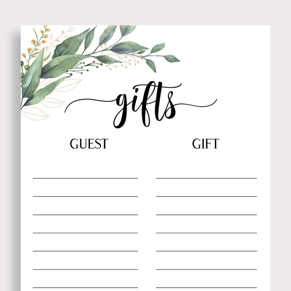 Gift List, Printable Bridal Shower Gift List, Baby Shower Gift List, Guest List, Gift Checklist, Instant Download, DIY, C16, C18, D28, D32