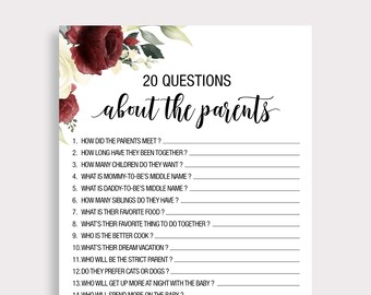 How Well Do You Know the Parents, 20 Questions About the Parents, Burgundy Floral Baby Shower Game Printable, Instant Download, DIY, G16