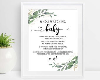 Who's Watching Baby Game Sign, Who is Watching Baby Sign Printable, Greenery Baby Shower Games, Gender Neutral, Instant Download, C16, D28