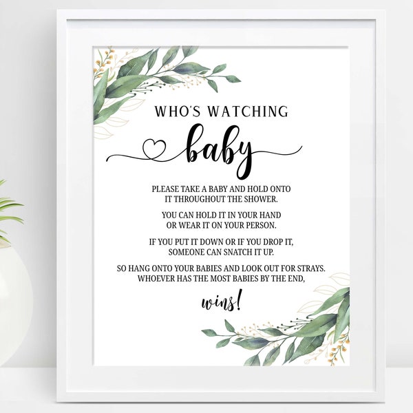 Who's Watching Baby Game Sign, Who is Watching Baby Sign Printable, Greenery Baby Shower Games, Gender Neutral, Instant Download, C16, D28