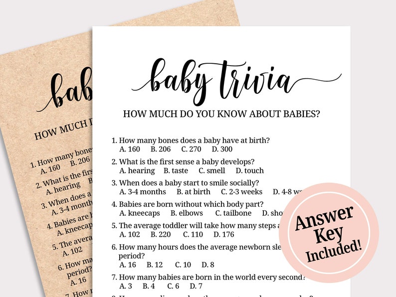 Baby Trivia Game, Baby Shower Trivia, Kraft Baby Shower Games, Rustic Baby Shower Party Activity Game Cards, Gender Neutral, Digital, K16 image 1