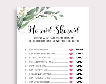 He Said She Said Bridal Shower Game, Guess Who Said It Game, Greenery Bride or Groom Game, Boho Bridal Shower Games, Printable Games, C18