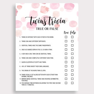 Twins Trivia True or False Game Pink Twins Trivia Game Twin Baby Shower ...