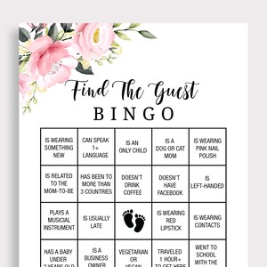 Zoek de Gast Bingo Game Baby Shower Games Afdrukbare Baby Bingo Pink Blush Floral Baby Shower Games Baby Girl Boy Shower Party Ideeën P16