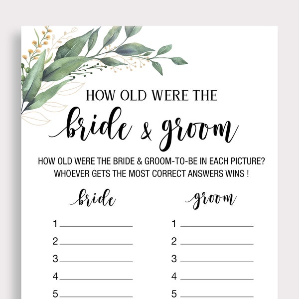 How Old Were the Bride Groom, Bridal Shower Photo Game, Guess the Age Bride Groom, Bachelorette, Wedding, Printable, Greenery, Digital, C18