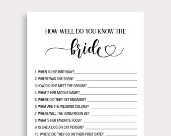 How Well Do You Know the Bride Printable, Minimalist Who Knows The Bride Best Game, Script Bridal Shower Game, Instant Download, W18