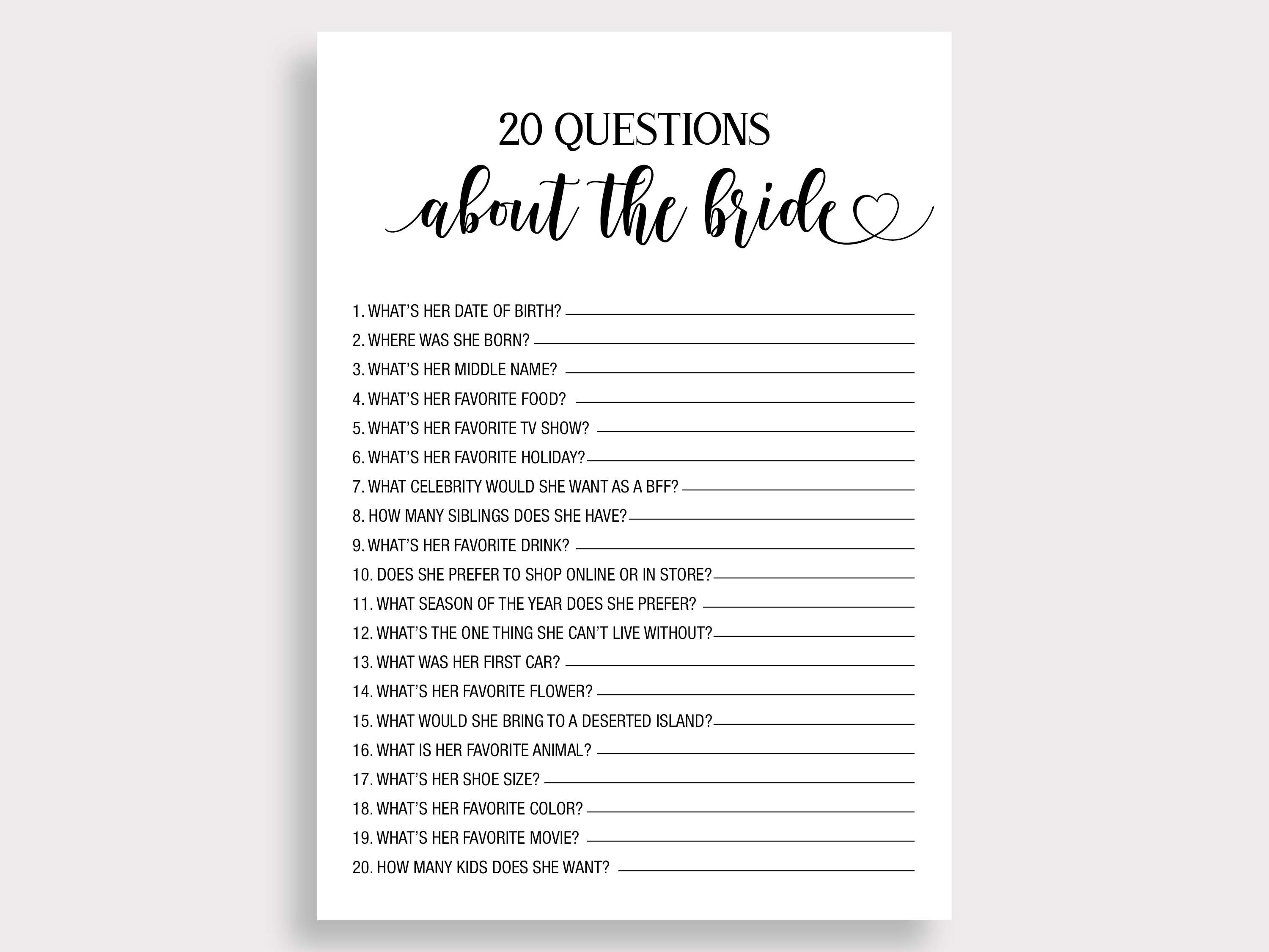 Minimalist Twenty Questions About Bride, 20 Questions, Who Knows the Bride  Best Game, Modern Bridal Shower Game, Instant Download, W18 
