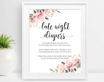 Late Night Diapers Printable, Pink Floral Late Night Diaper Sign, Baby Shower Game Sign, Boho Diapers Game, Diaper Thoughts Sign, P16, P28
