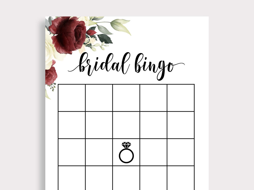 Printable Bridal Bingo Game, Burgundy Bridal Shower Bingo Cards, Bridal ...