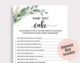 Bridal Shower Name That Cake Game, Guess The Cake Name , Wedding Shower, Greenery Bridal Shower Printable Games instant Download, C18