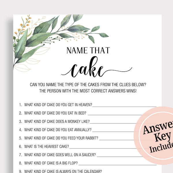 Bridal Shower Name That Cake Game, Guess The Cake Name , Wedding Shower, Greenery Bridal Shower Printable Games instant Download, C18