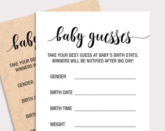 Baby Guesses Cards Printable, Baby Guesses Game Card, Kraft Baby Shower Games, Rustic Baby Shower Activities ,Instant Download,  K16