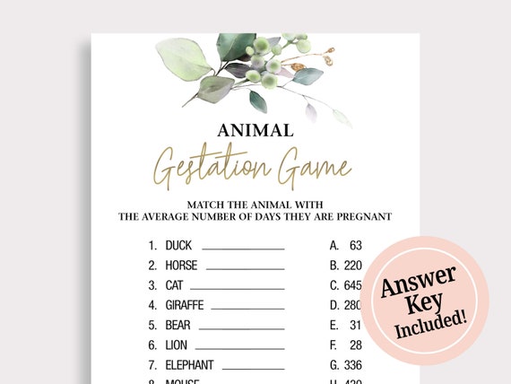 Animal Gestation Game Printable Baby Shower Games Animal - Etsy