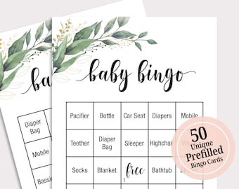 50 Prefilled Baby Shower Bingo Cards Baby Shower Bingo Game Cards Baby Bingo Printable Baby Shower Games Greenery Gender Neutral C16