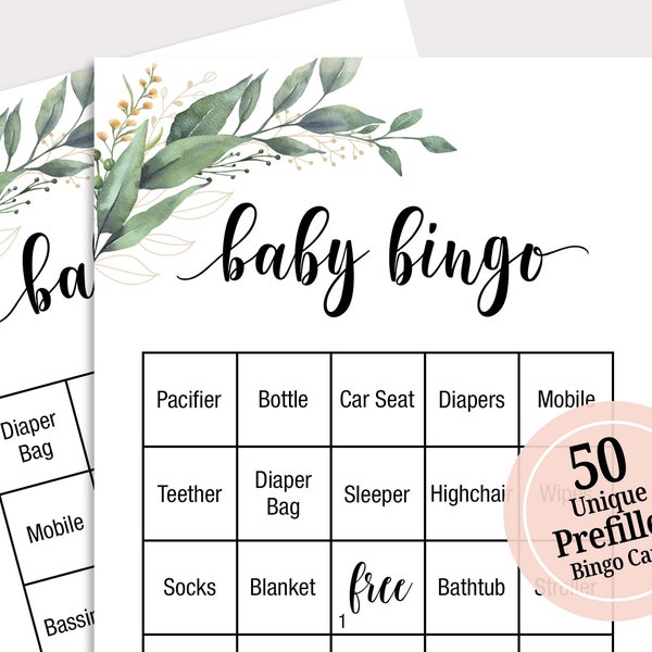 50 Prefilled Baby Shower Bingo Cards Baby Shower Bingo Game Cards Baby Bingo Printable Baby Shower Games Greenery Gender Neutral C16