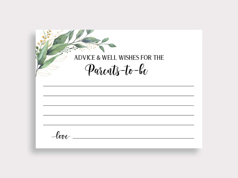 May include: A white card with green and gold floral accents. The card has the text "Advice & Well Wishes for the Parents-to-be" and a line for writing.
