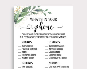 Whats in Your Phone Baby Shower Game, Cell Phone Games, Greenery Whats On Your Cell Phone Game, Cellphone Game, Green Digital Card, PDF, C16