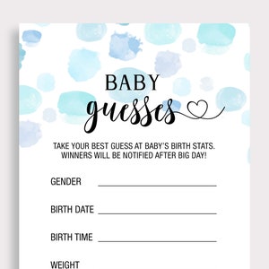 Baby Shower Voorspellingen Kaarten Baby Guesses Card Gender Voorspelling Kaarten Gender Reveal Blue Baby Shower Games Afdrukbare Instant Download B16