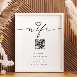 May include: White framed sign with the word "wifi" in cursive script, a black and white QR code, and the text "NETWORK Nelwork Name PASSWORD Wifi Password".