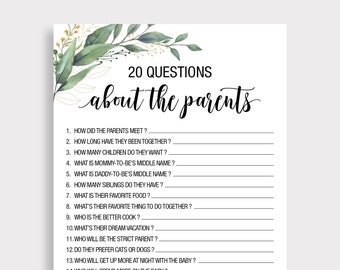 20 Questions About the Parents, Greenery Boho Coed Baby Shower Games, How Well Do You Know the Parent, Gender Neutral, Instant Download, C16