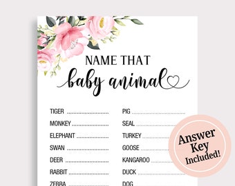 Baby Animal Game Baby Shower, Guess Baby Animals Cards, Animal Babies, Pink Floral Baby Shower Games Printable, Download Digital File, P16