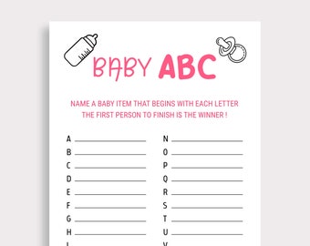 Pink Baby ABC game Baby Shower Alphabet Game A to Z Item Name Baby Girl Shower Games Baby Alphabeth Game Instant Download Printable L16