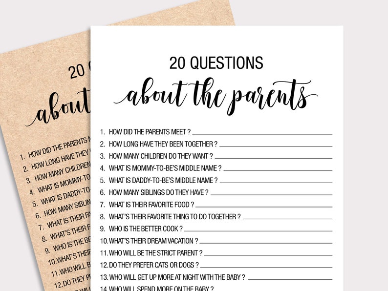 Puede incluir: Un juego de baby shower imprimible con 20 preguntas sobre los padres. Las preguntas est&aacute;n escritas en negro sobre un fondo blanco.