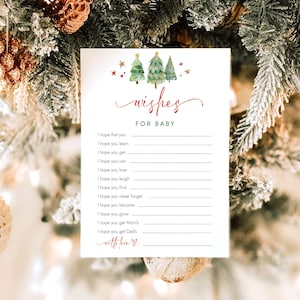 Deseos de Navidad para bebé Imprimible Tarjeta de deseos de baby shower de invierno Tarjetas de pozo de deseos de bebé Pino Baby Shower Recuerdo de bebé CHR3