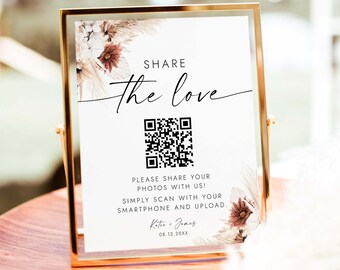 Share The Love QR Code Sign Photo Album Share QR Code Photo Sharing Social Media Sign Bohemian Wedding Hashtag Sign Editable QR Sign BH18
