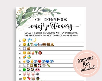 Children&#39;s Book Emoji Pictionary,  Greenery Childrens Book Emoji Cards, Printable  Emoji Game, Boho Baby Shower Game Activity, Fun Game, C16