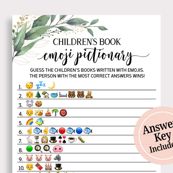 Children's Book Emoji Pictionary,  Greenery Childrens Book Emoji Cards, Printable  Emoji Game, Boho Baby Shower Game Activity, Fun Game, C16