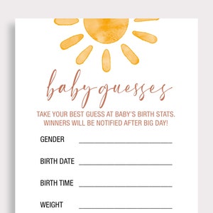 Tarjeta de adivinanzas para bebés Juegos de Baby Shower de sol Juegos divertidos de Baby Shower Calendario de fecha de vencimiento imprimible Predicción para Baby Rainbow Baby Shower SN6