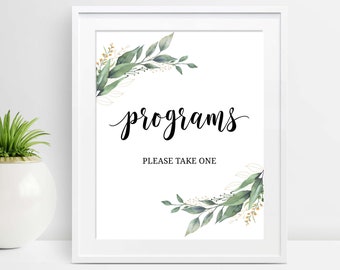 Programs Sign for Wedding, Greenery Wedding Program Sign, Wedding Ceremony Sign, Please Take One, Wedding Signs, Instant Download, DIY, D32