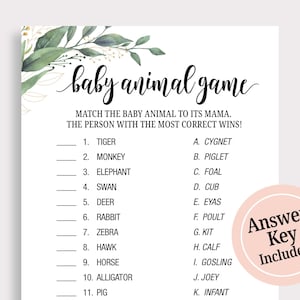 Baby Tier Spiel Baby Shower, Raten Baby Tiere Karten, TierBabys, Lustige Baby Shower Spiele, Download digitale Datei, grüne Blätter, C16