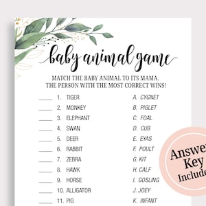 Baby Animal Game Baby Shower, Guessing Baby Animals Cards, Animal Babies, Fun Baby Shower Games, Download Digital File, Green Leaves, C16