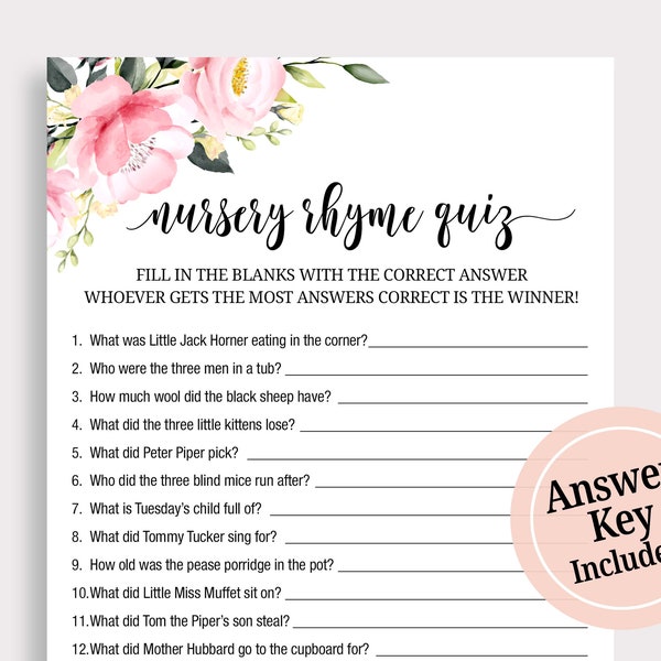 Baby Shower Nursery Rhyme Game Nursery Rhymes Baby Shower Games Nursery Game Pink Floral Baby Shower Game Ideas Printable Guess  Game P16