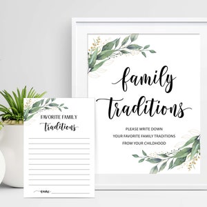 Escreva suas tradições familiares favoritas desde sua infância Placas de cartas de jogos de chá de bebê verdes para impressão Download instantâneo C16 D28